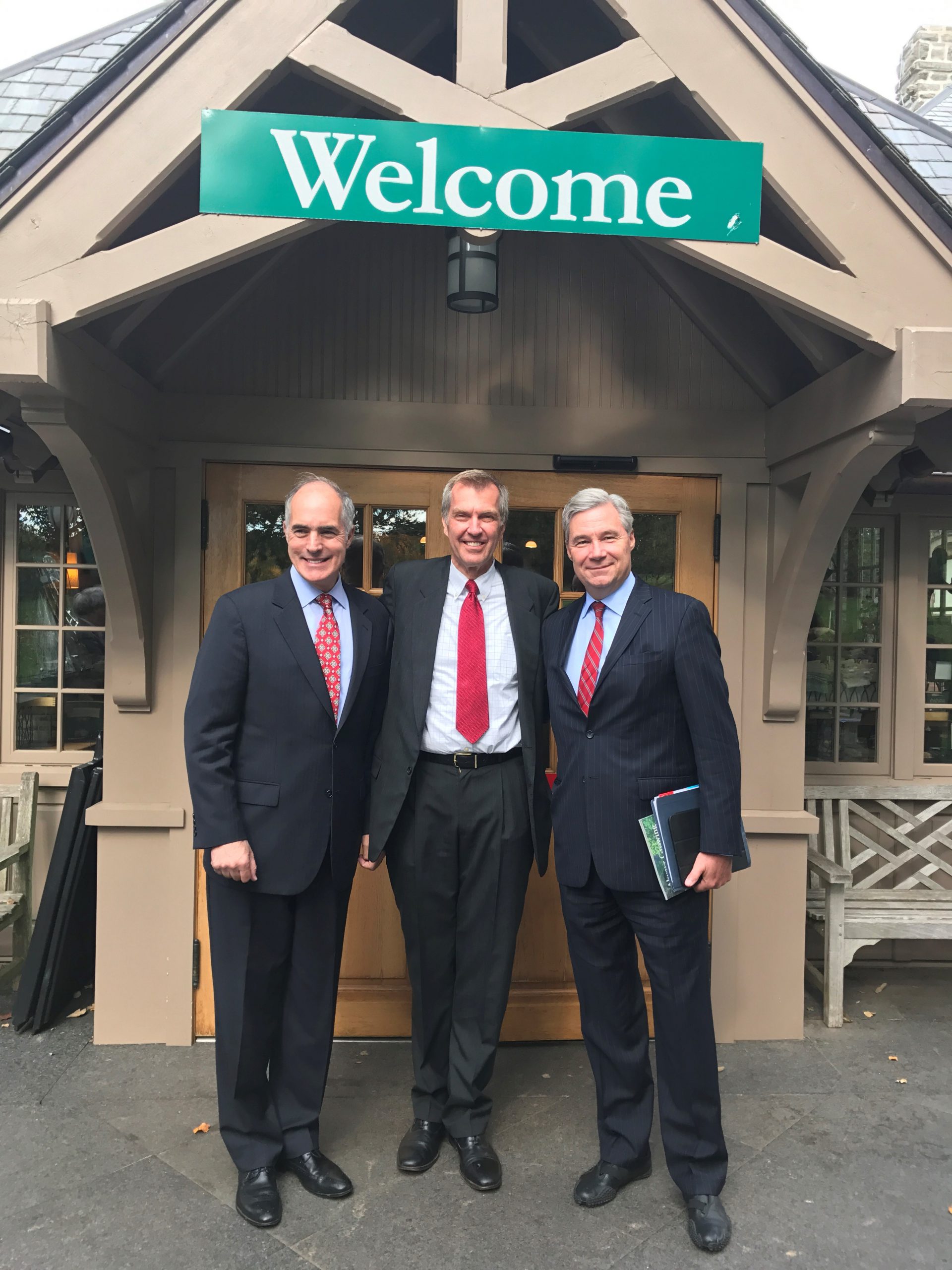 A panel discussion on Climate Change and its Effects on Children was held at Morris Arboretum of the University of Pennsylvania on Monday, October 24th, 2016. Shown in front of Morris Arboretum's Visitor Center are (left to right) US Senator Bob Casey, The F.Otto Haas Executive Director of Morris Arboretum of the University of Pennsylvania Paul Meyer, and Senator Sheldon Whitehouse.