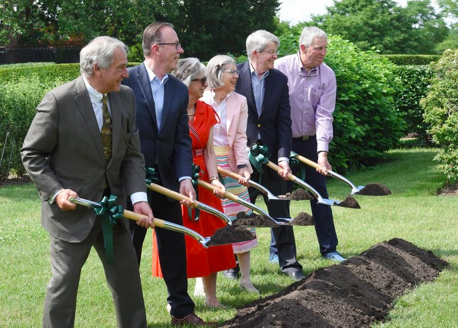 The Morton Arboretum is building a new "Grand Garden," a project shaped by retiring President and CEO Gerard Donnelly. From left are arboretum Trustee Bob Schillerstrom, Donnelly, donor Doris Christopher, donor Anna Ball, board Chairman Stephen Van Arsdell and donor Bob Berry. (Photo credit: John Starks | Staff Photographer, June 2021)