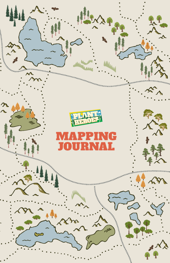 Cover image of the Plant Heroes Mapping Journal in English with map symbols.